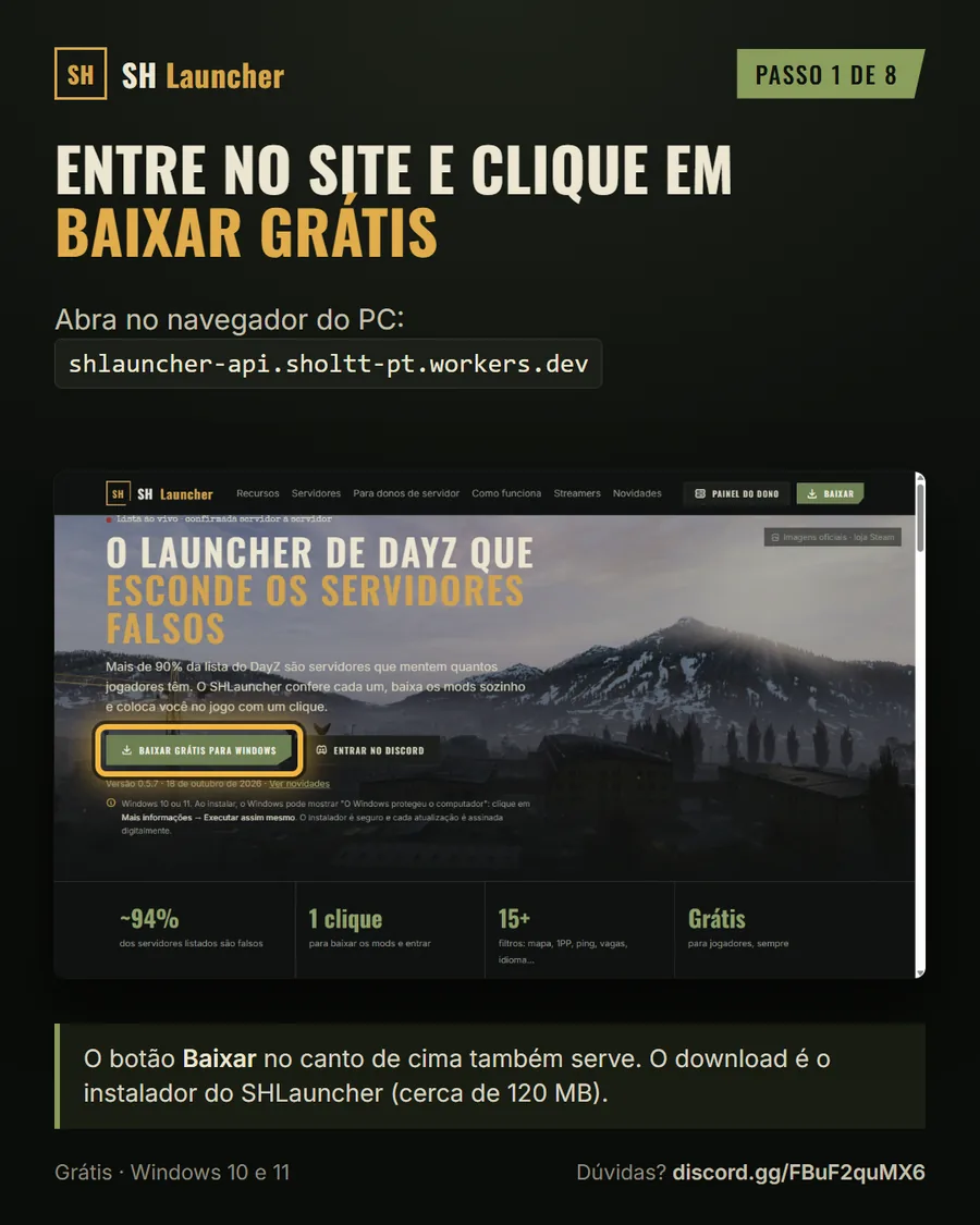 Site do SHLauncher com o botão Baixar grátis para Windows em destaque
