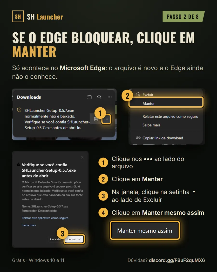 Aviso do Microsoft Edge: menu com Manter e a opção Manter mesmo assim