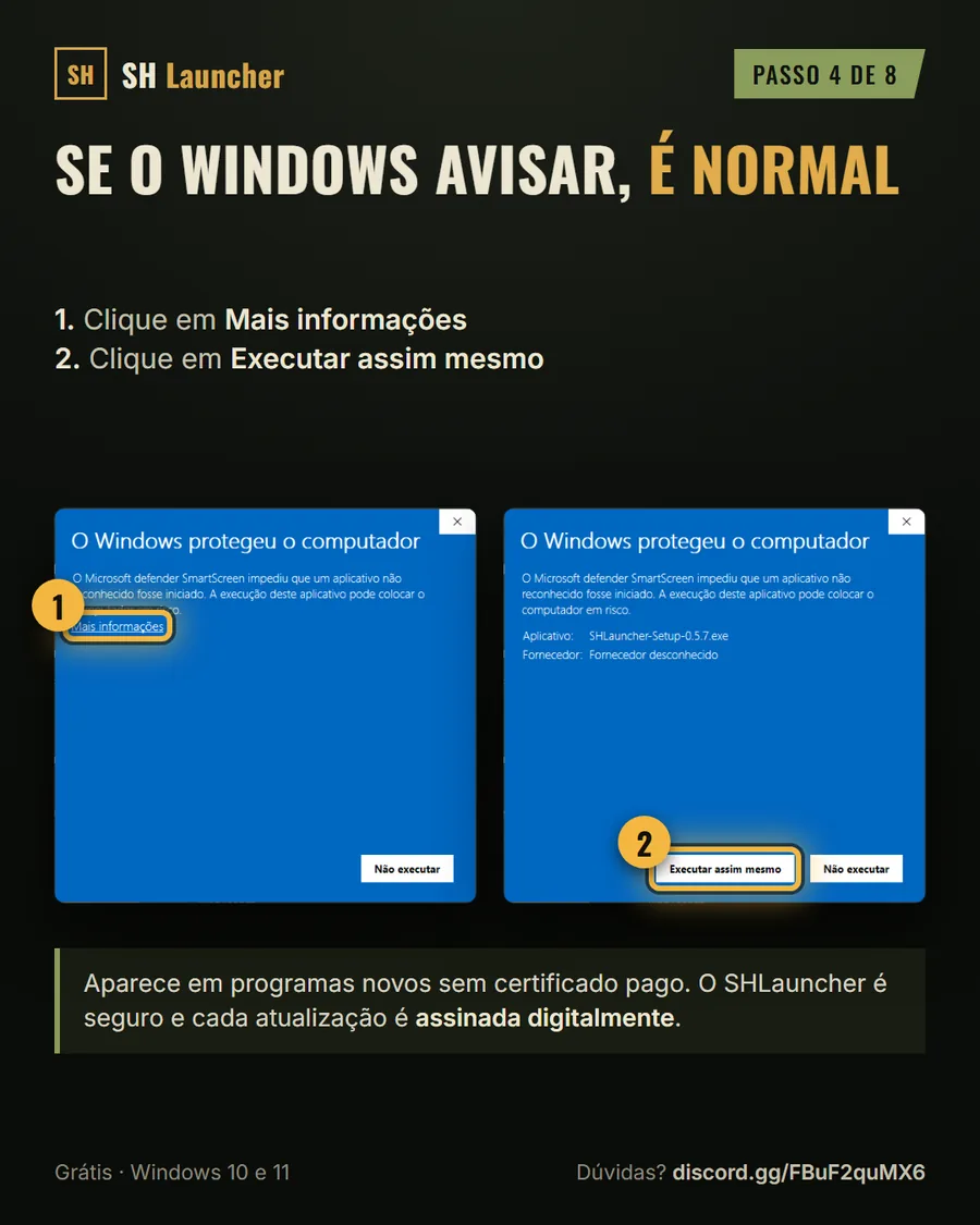 Aviso do Windows SmartScreen com Mais informações e Executar assim mesmo