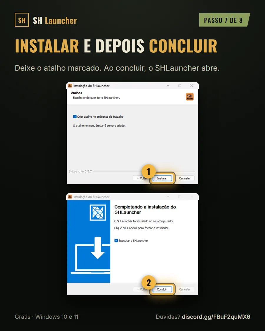 Instalador com os botões Instalar e Concluir em destaque